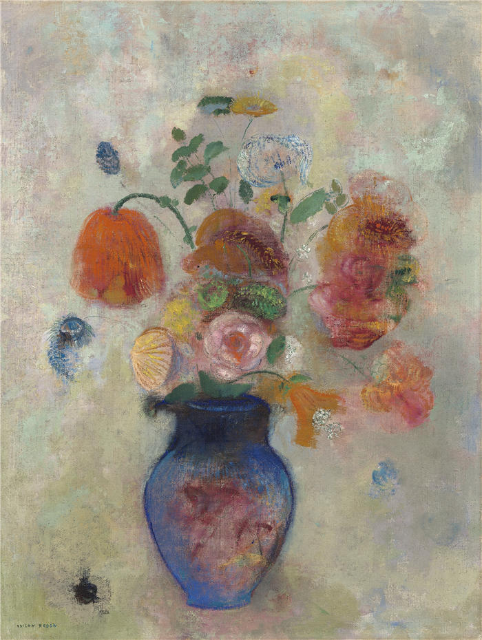 奥迪隆·雷顿（Odilon Redon，法国画家）作品-《带花的大花瓶（约 1912 年）》高清下载