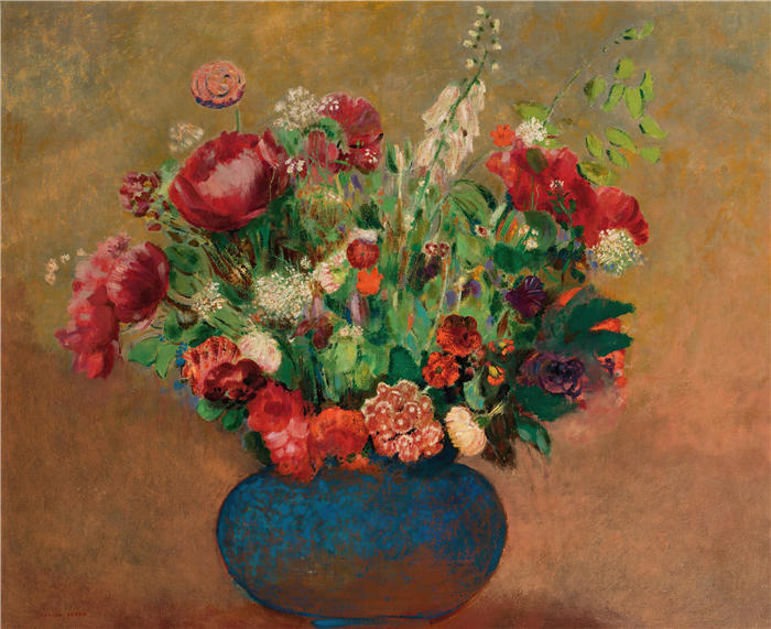 奥迪隆·雷顿（Odilon Redon，法国画家）作品-《蓝色花瓶中的诗人罂粟和康乃馨》高清下载