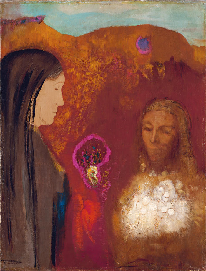奥迪隆·雷顿（Odilon Redon，法国画家）作品-《基督与撒玛利亚妇人（白花花束）（约 1895 年）》高清下载