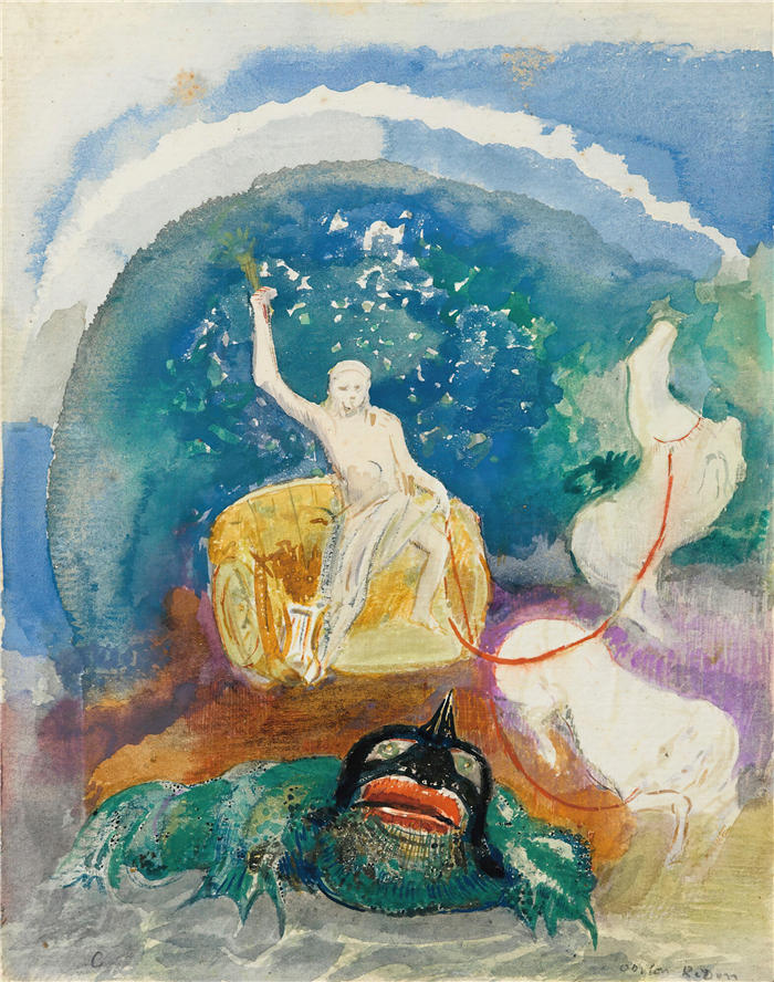 奥迪隆·雷顿（Odilon Redon，法国画家）作品-《绿色怪物（阿波罗骑巨蟒）》高清下载