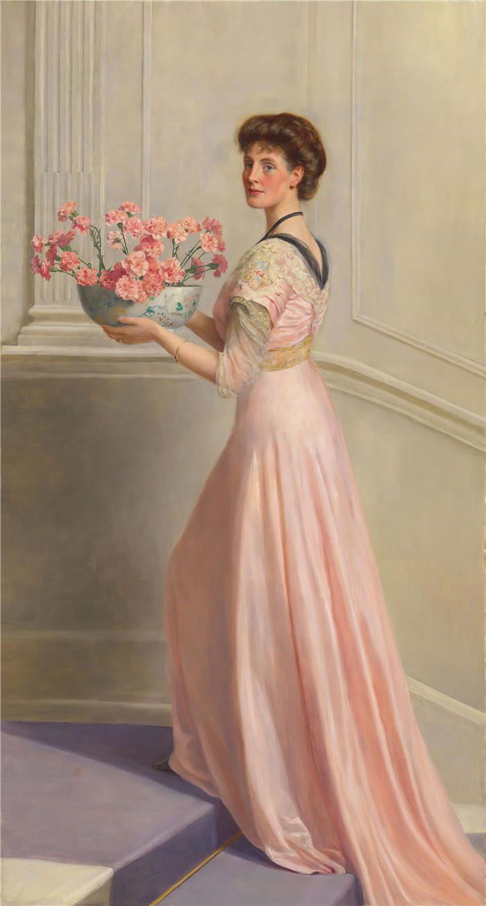 约翰·科利尔（ John Collier,英国画家）作品 –《一位身着粉红色的女士拿着一碗粉红色康乃馨的画像》高清下载