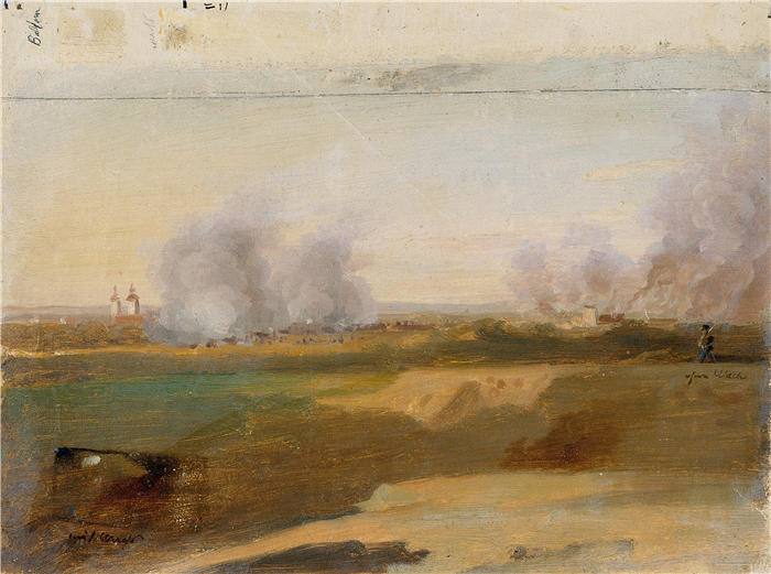 约翰·彼得·克拉夫特 (Johann Peter Krafft，奥地利画家) 作品-《以燃烧的村庄为背景的景观（1830-1840）》高清下载