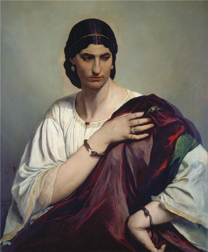 安塞尔姆·费尔巴哈（Anselm Feuerbach，德国画家）作品-《Lucrezia Borgia，一位身穿白色束腰外衣和红色长袍的罗马女性肖像（约 1862 – 1866 年）》高清下载