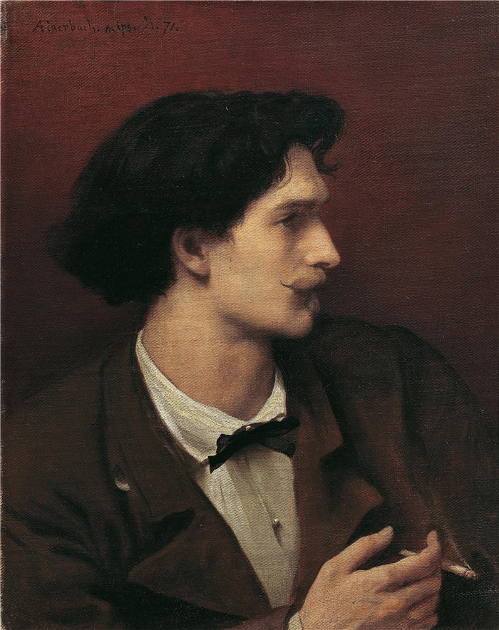 安塞尔姆·费尔巴哈（Anselm Feuerbach，德国画家）作品-《抽着香烟的自画像 (1871)》高清下载