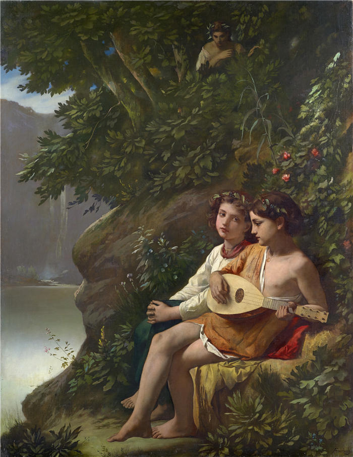 安塞尔姆·费尔巴哈（Anselm Feuerbach，德国画家）作品-《被仙女偷听的孩子们制作的音乐（1864 年）》高清下载