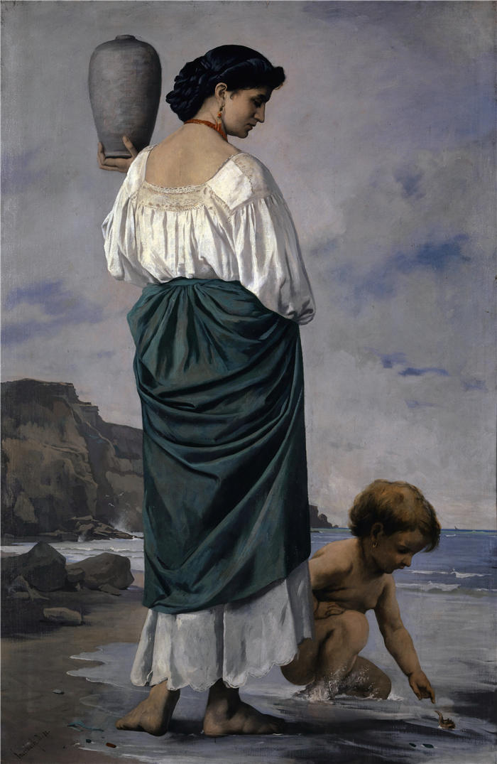 安塞尔姆·费尔巴哈（Anselm Feuerbach，德国画家）作品-《在海滩上，安提乌姆的渔女 (1870)》高清下载