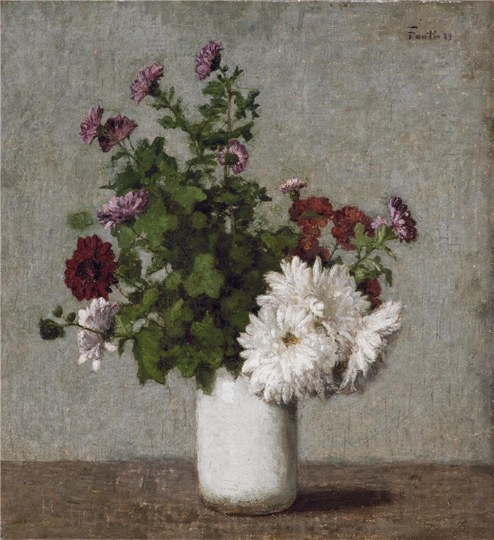 亨利·范汀·拉图尔（Henri Fantin-Latour，法国画家）作品-《花静物，秋菊花白瓶 (1889)》高清油画