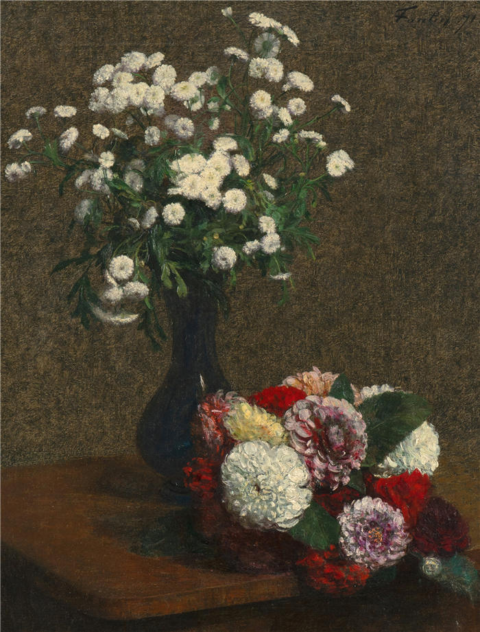 亨利·范汀·拉图尔(Henri Fantin-Latour,法国画家)作品-《花卉; 洋甘菊和大丽花 (1871)》高清油画