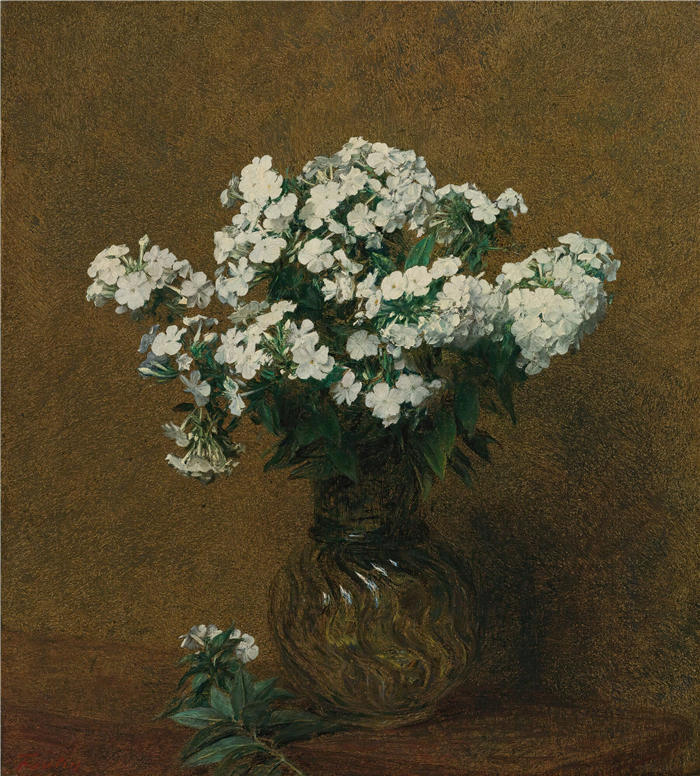 亨利·范汀·拉图尔(Henri Fantin-Latour,法国画家)作品-《花瓶中的白色福禄考(1892)》高清油画