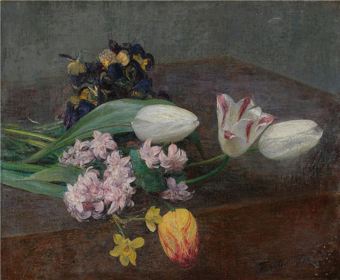 亨利·范汀·拉图尔（Henri Fantin-Latour，法国画家）作品-《放在桌子上的风信子、郁金香和三色紫罗兰（1871 年）》高清油画
