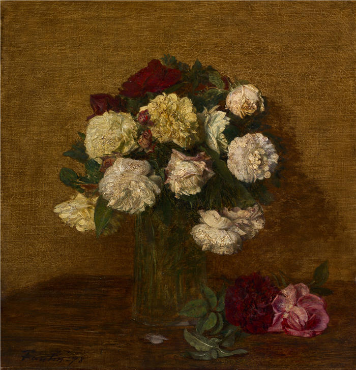 亨利·范汀·拉图尔（Henri Fantin-Latour，法国画家）作品-《花瓶里的玫瑰（1878）》高清油画