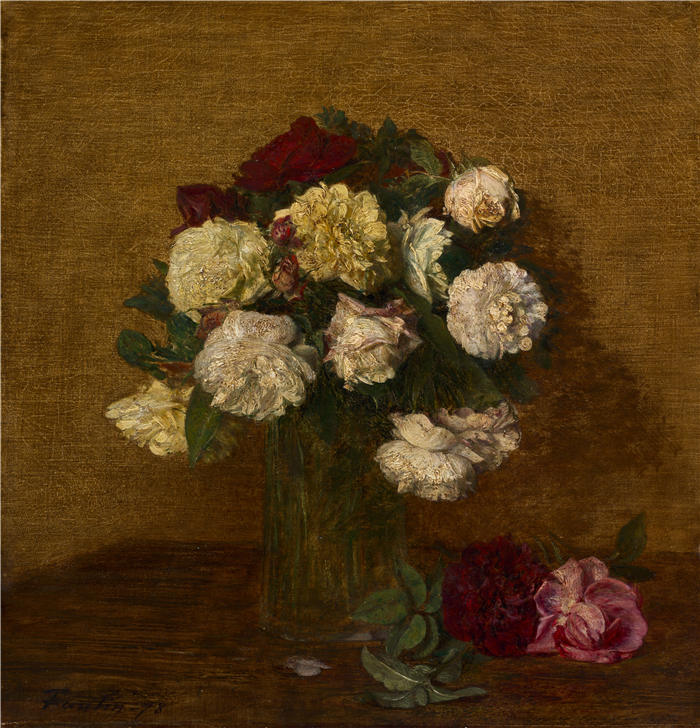 亨利·范汀·拉图尔(Henri Fantin-Latour,法国画家)作品-《花瓶里的玫瑰(1878)》高清油画