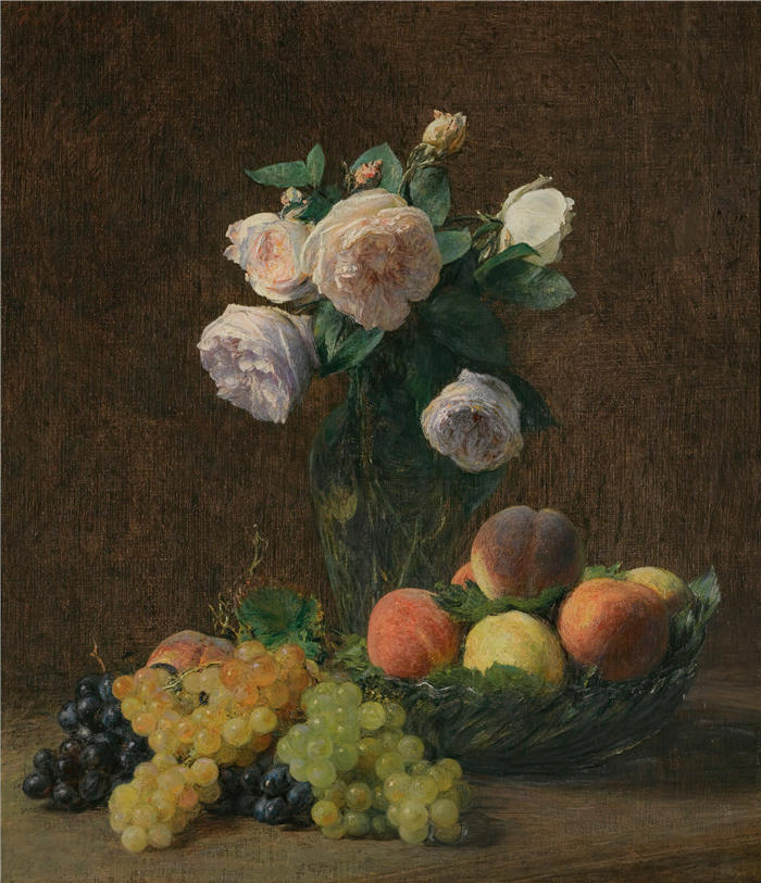 亨利·范汀·拉图尔(Henri Fantin-Latour,法国画家)作品-《静物; 玫瑰、桃子和葡萄花瓶 (1894)》高清油画