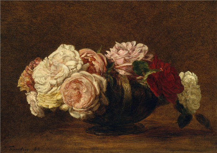 亨利·范汀·拉图尔（Henri Fantin-Latour，法国画家）作品-《碗中的玫瑰 (1883)》高清油画