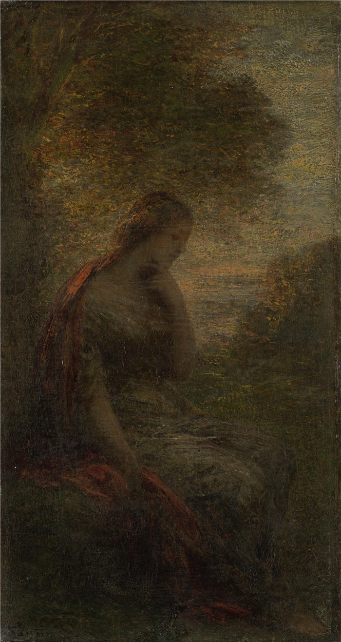 亨利·范汀·拉图尔（Henri Fantin-Latour，法国画家）作品-《日落时树下的年轻女子，被称为“秋天”（1855 - 1900）》高清油画