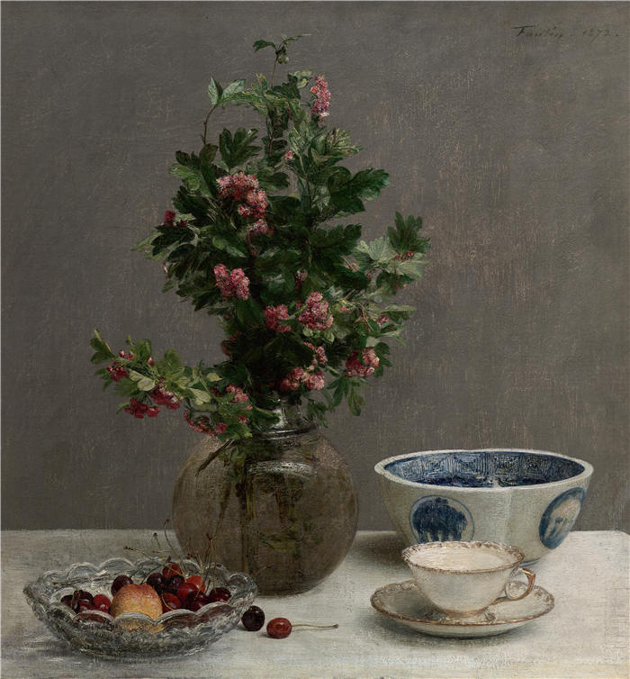 亨利·范汀·拉图尔（Henri Fantin-Latour，法国画家）作品-《山楂花瓶、樱桃碗、日本碗和杯碟静物（1872 年）》高清油画