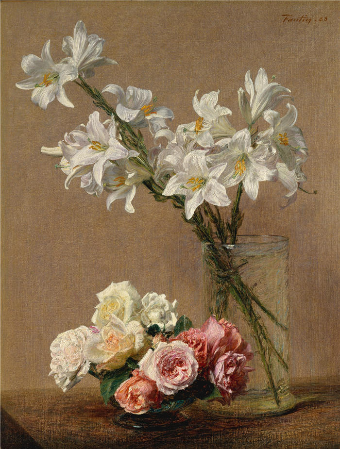 亨利·范汀·拉图尔(Henri Fantin-Latour,法国画家)作品-《玫瑰与百合 (1888)》高清油画