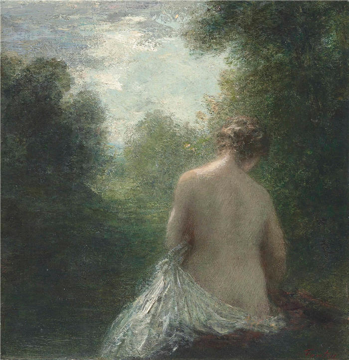 亨利·范汀·拉图尔(Henri Fantin-Latour,法国画家)作品-《沐浴者坐在后面》高清油画