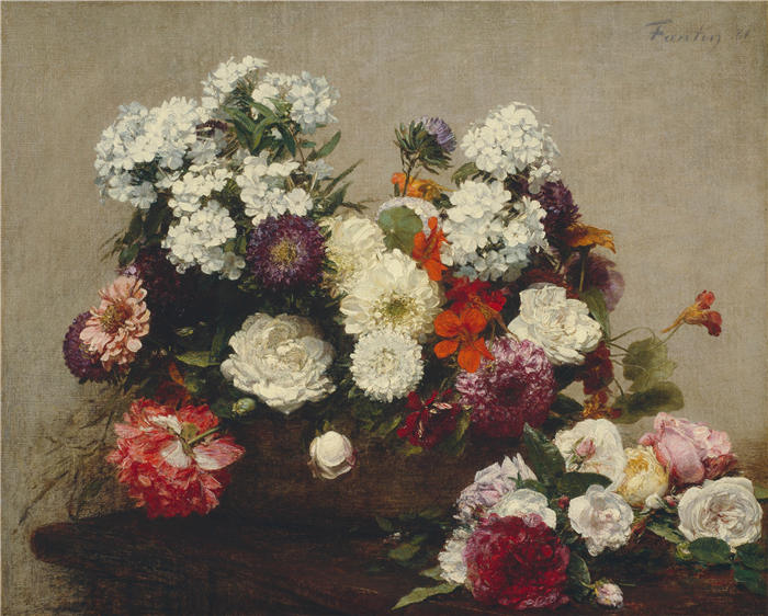 亨利·范汀·拉图尔（Henri Fantin-Latour，法国画家）作品-《有花的静物 (1881)》高清油画