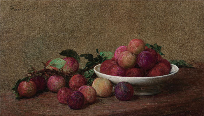 亨利·范汀·拉图尔（Henri Fantin-Latour，法国画家）作品-《有李子的静物 (1886)》高清油画