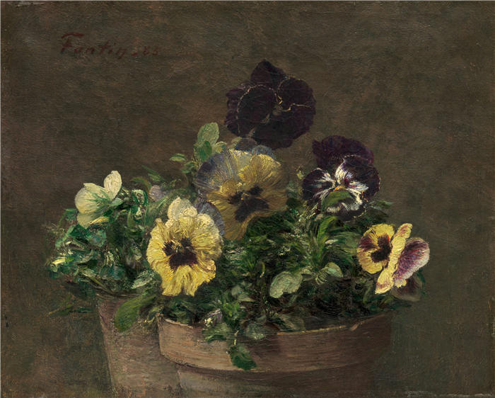 亨利·范汀·拉图尔（Henri Fantin-Latour，法国画家）作品-《盆栽三色堇 (1883)》高清油画