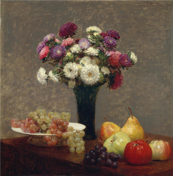 亨利·范汀·拉图尔（Henri Fantin-Latour，法国画家）作品-《桌上的紫苑和水果（1868 年）》高清油画