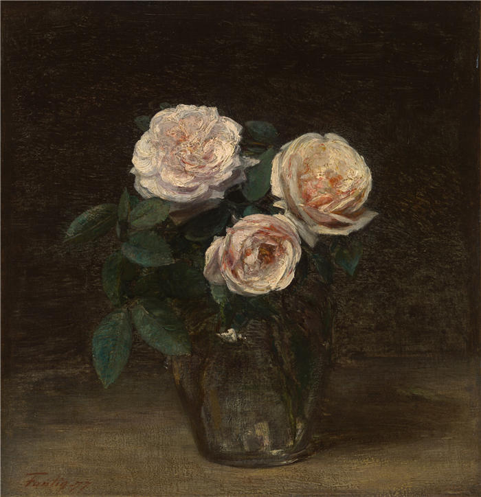 亨利·范汀·拉图尔(Henri Fantin-Latour,法国画家)作品-《玫瑰静物 (1877)》高清油画