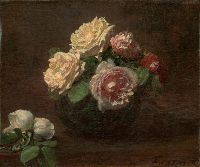 亨利·范汀·拉图尔（Henri Fantin-Latour，法国画家）作品-《碗中的玫瑰 (1881)》高清油画