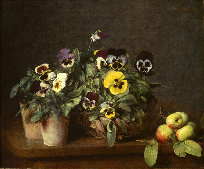 亨利·范汀·拉图尔（Henri Fantin-Latour，法国画家）作品-《三色堇静物 (1874)》高清油画