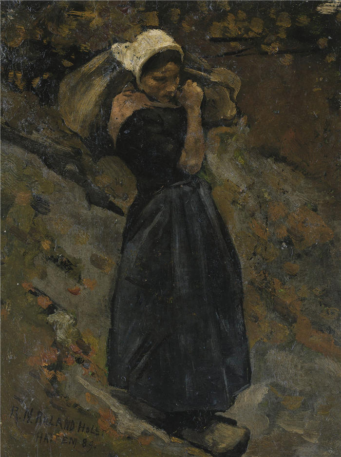 理查德·罗兰·霍尔斯特（Richard Roland Holst，荷兰画家）作品-《一个背着麻袋的农妇 (1889)》高清下载