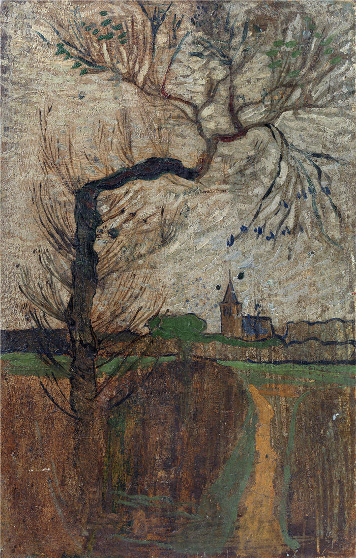 理查德·罗兰·霍尔斯特（Richard Roland Holst，荷兰画家）作品-《有柳树的脚垫和地平线上的村庄（1891 年）》高清下载