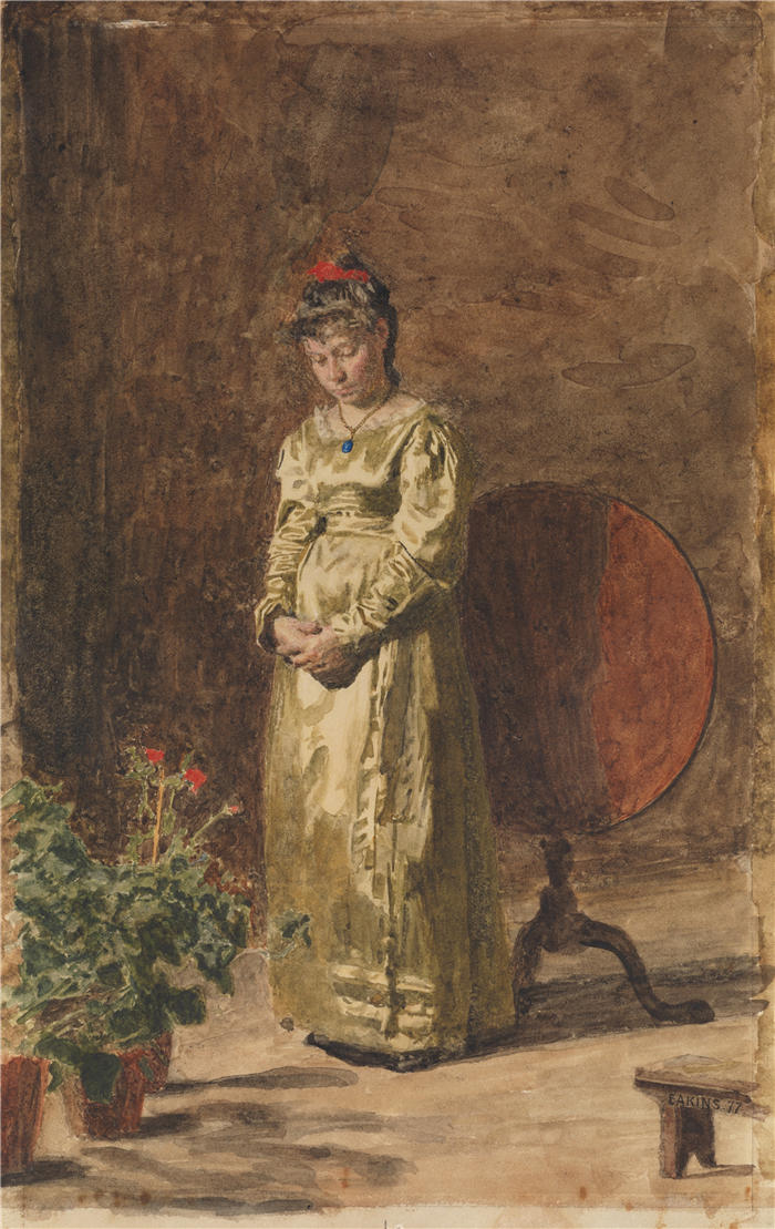 托马斯·埃金斯 (Thomas Eakins,美国画家)作品-《打坐的少女 (1877)》高清下载