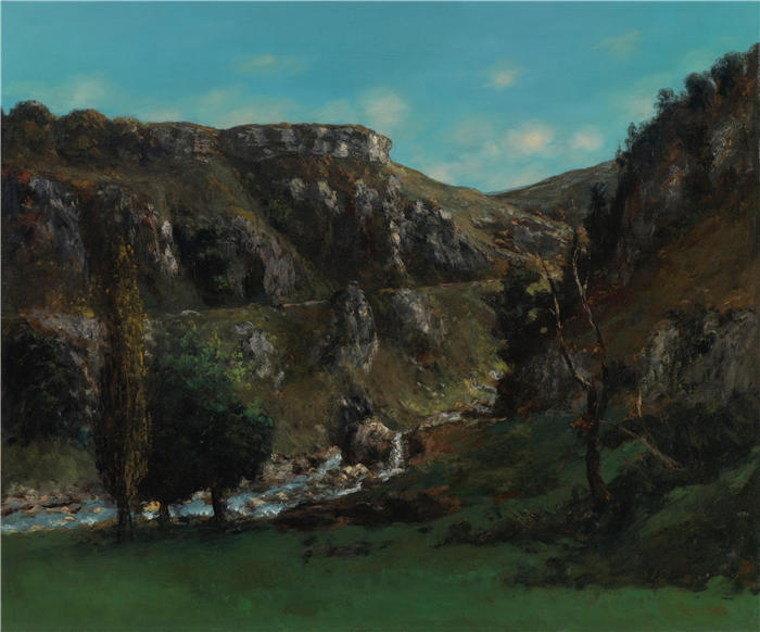 古斯塔夫·库尔贝(Gustave Courbet,法国画家)-《Mouthiers-Haute-Pierre 附近的 Loue Valley》高清油画作品
