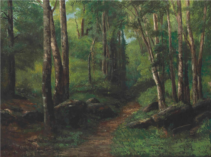 古斯塔夫·库尔贝(Gustave Courbet,法国画家)-《穿过森林的小路(大约 1860 年)》高清油画作品
