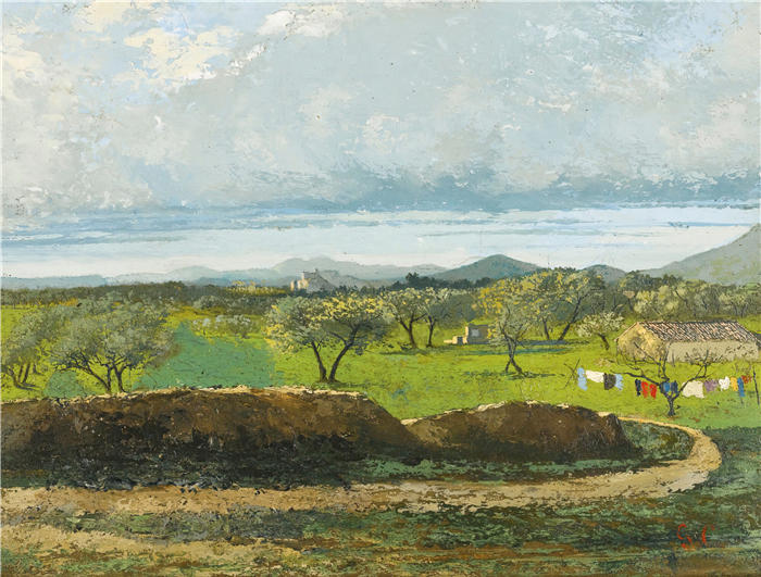 古斯塔夫·库尔贝(Gustave Courbet,法国画家)-《带墙和果园的景观》高清油画作品