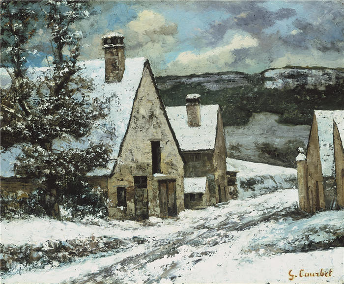 古斯塔夫·库尔贝(Gustave Courbet,法国画家)-《冬天的村庄边缘(约 1868 年)》高清油画作品