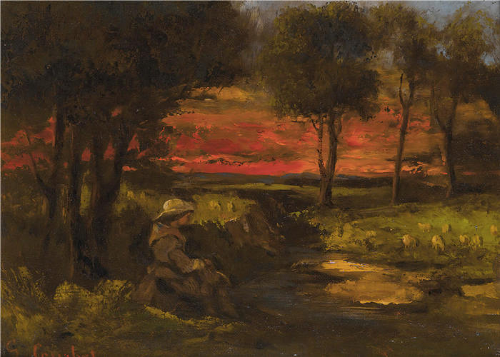 古斯塔夫·库尔贝（Gustave Courbet，法国画家）-《晚霞风景》高清油画作品