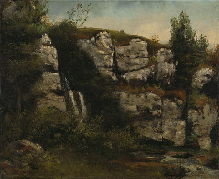 古斯塔夫·库尔贝（Gustave Courbet，法国画家）-《岩石峭壁和瀑布构成的景观（1872年）》高清油画作品