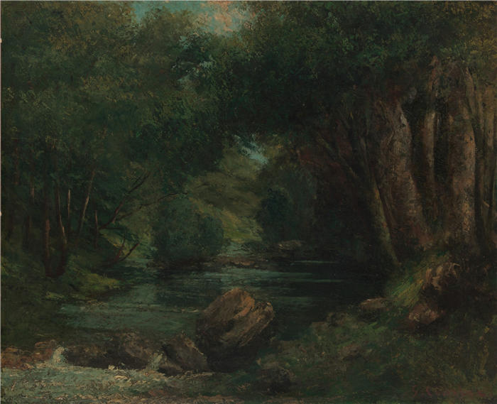 古斯塔夫·库尔贝(Gustave Courbet,法国画家)-《森林中的一条小溪(约1868-77年)》高清油画作品