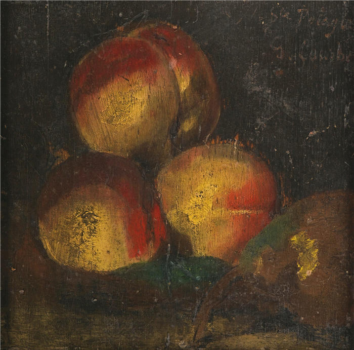 古斯塔夫·库尔贝(Gustave Courbet,法国画家)-《三桃一个梨静物 (1871)》高清油画作品