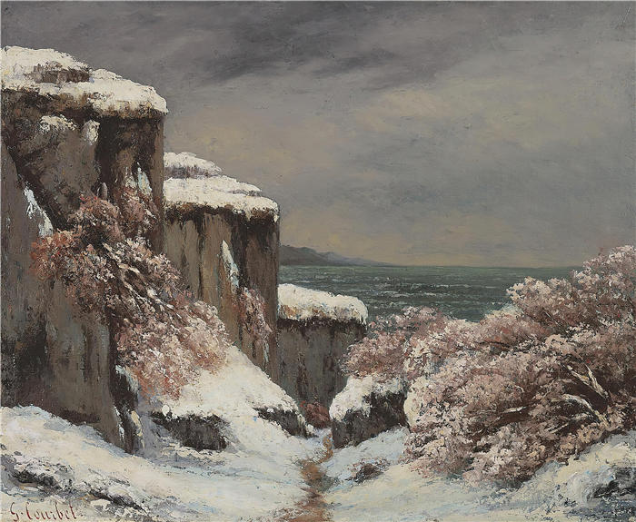 古斯塔夫·库尔贝（Gustave Courbet，法国画家）-《雪下海边的悬崖》高清油画作品