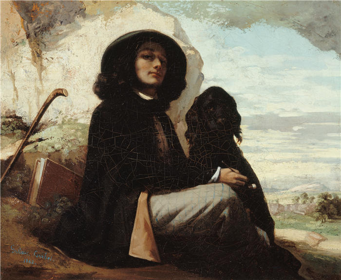 古斯塔夫·库尔贝（Gustave Courbet，法国画家）-《自画像说库尔贝与黑狗（1842-1844）》高清油画作品