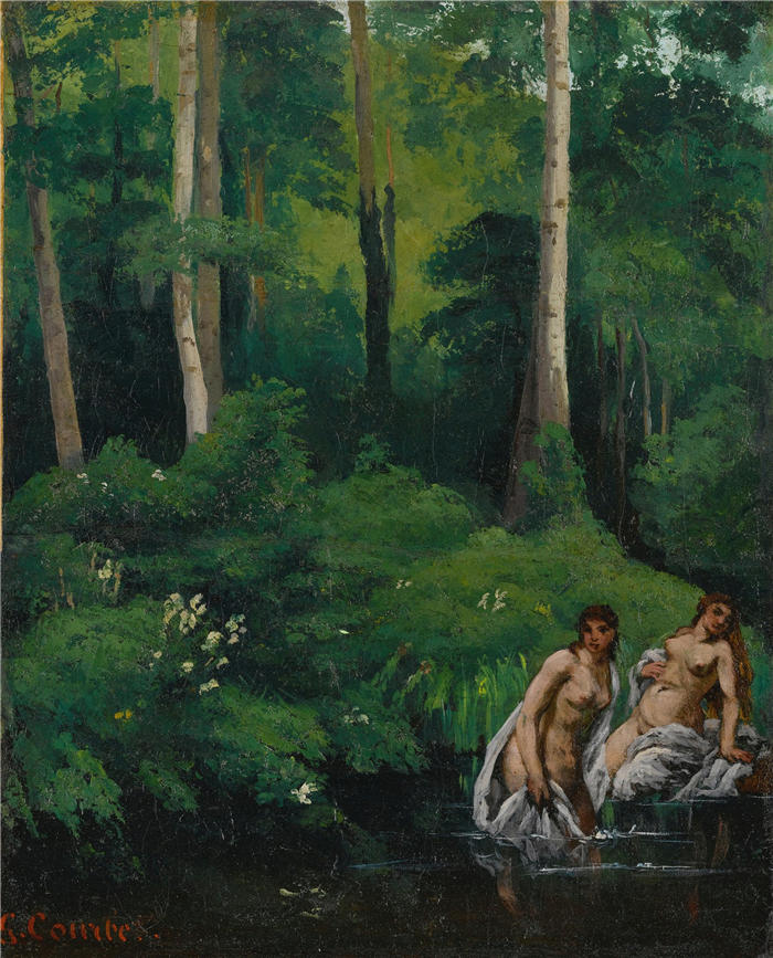古斯塔夫·库尔贝（Gustave Courbet，法国画家）-《在森林里洗澡》高清油画作品