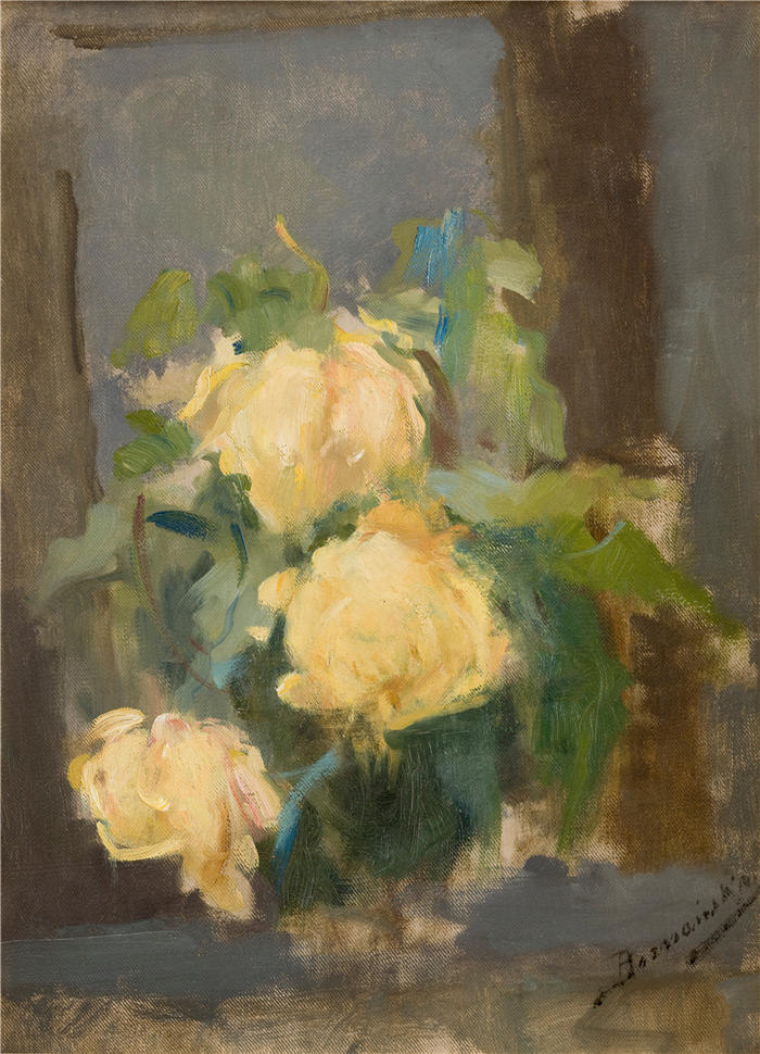 奥尔加·博兹南斯卡 (Olga Boznańska，波兰画家)高清油画作品-金玫瑰（1896）