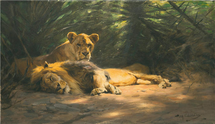 威廉·库内特 (Wilhelm Kuhnert，德国画家) 高清作品-狮子的巢穴