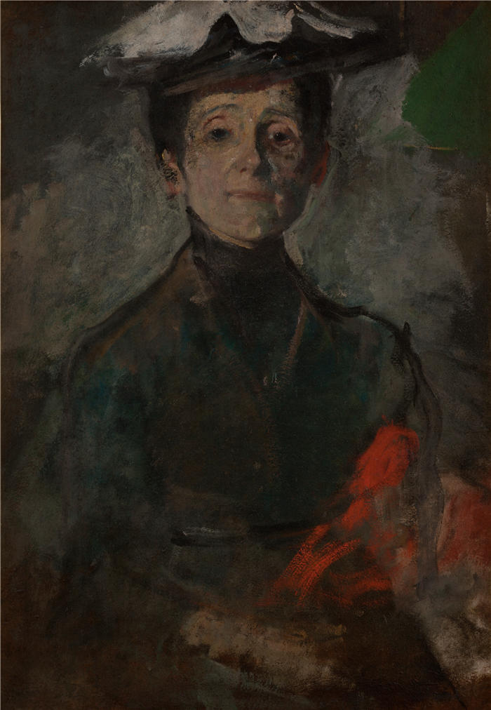 奥尔加·博兹南斯卡 (Olga Boznańska,波兰画家)高清油画作品-带花的自画像(约 1909 年)