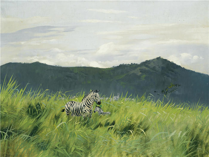 威廉·库内特 (Wilhelm Kuhnert，德国画家) 高清作品-草原上的斑马 (1891)