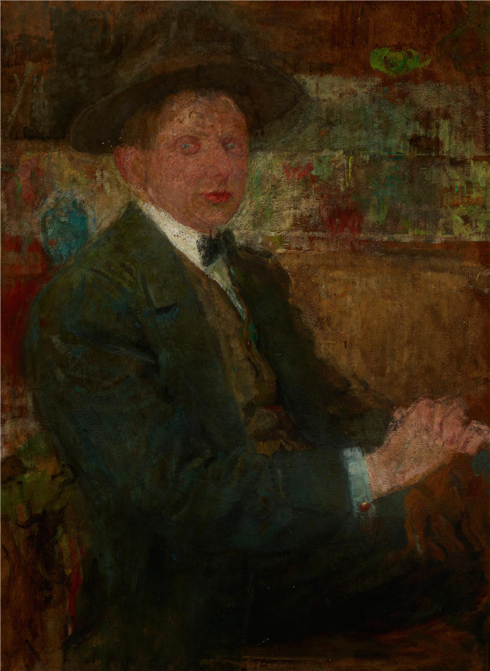 奥尔加·博兹南斯卡 (Olga Boznańska,波兰画家)高清油画作品-戴帽子的男人的肖像(1914-1916)
