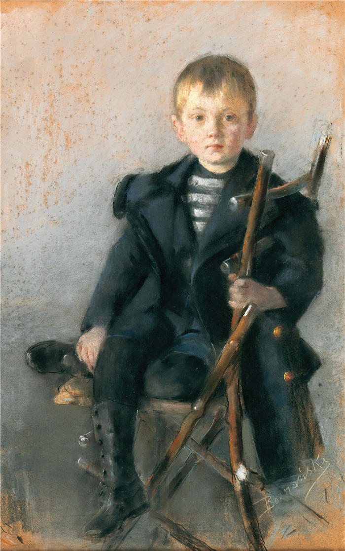 奥尔加·博兹南斯卡 (Olga Boznańska，波兰画家)高清油画作品-一个金发男孩的肖像和一件带金纽扣的黑色外套
