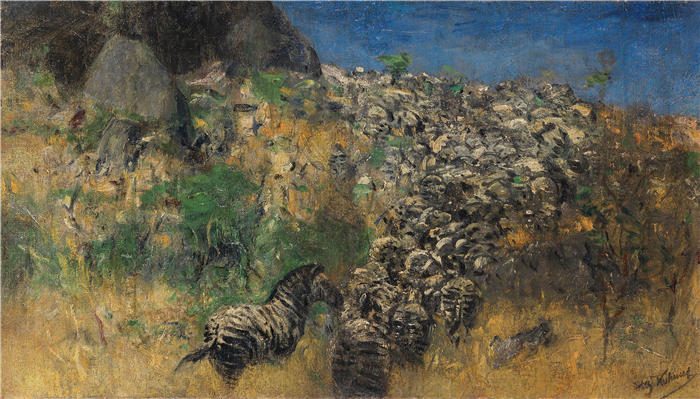 威廉·库内特 (Wilhelm Kuhnert，德国画家) 高清作品-逃离斑马群，之间（1911-1916）